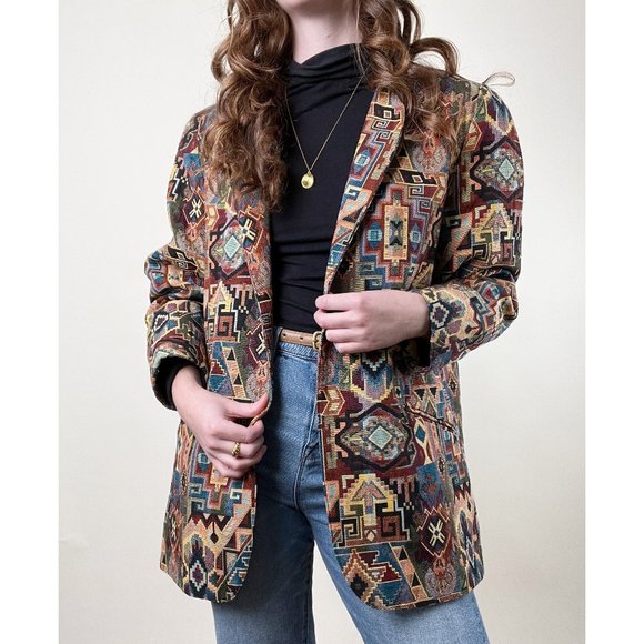 Vintage Woven Tapestry Western Boho Aztec Oversized Blazer Jacket Coat Bohemian - Picture 8 of 10